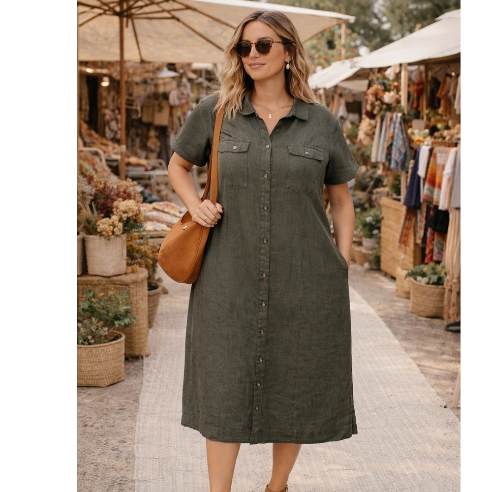 J.Jill Love Linen Olive Green Shirt Dress Button Front Midi  XL Petite